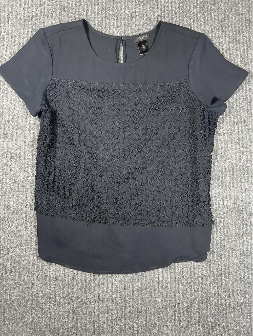 Ann Taylor Black Short Sleeve Lace Front Blouse